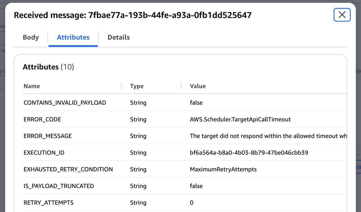 EventBridge Scheduler DLQ message showing an ErrorCode and ErrorMessage after a successful AgentCore invocation.